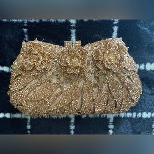 Stunning Gold Crystal Clutch with Floral Design